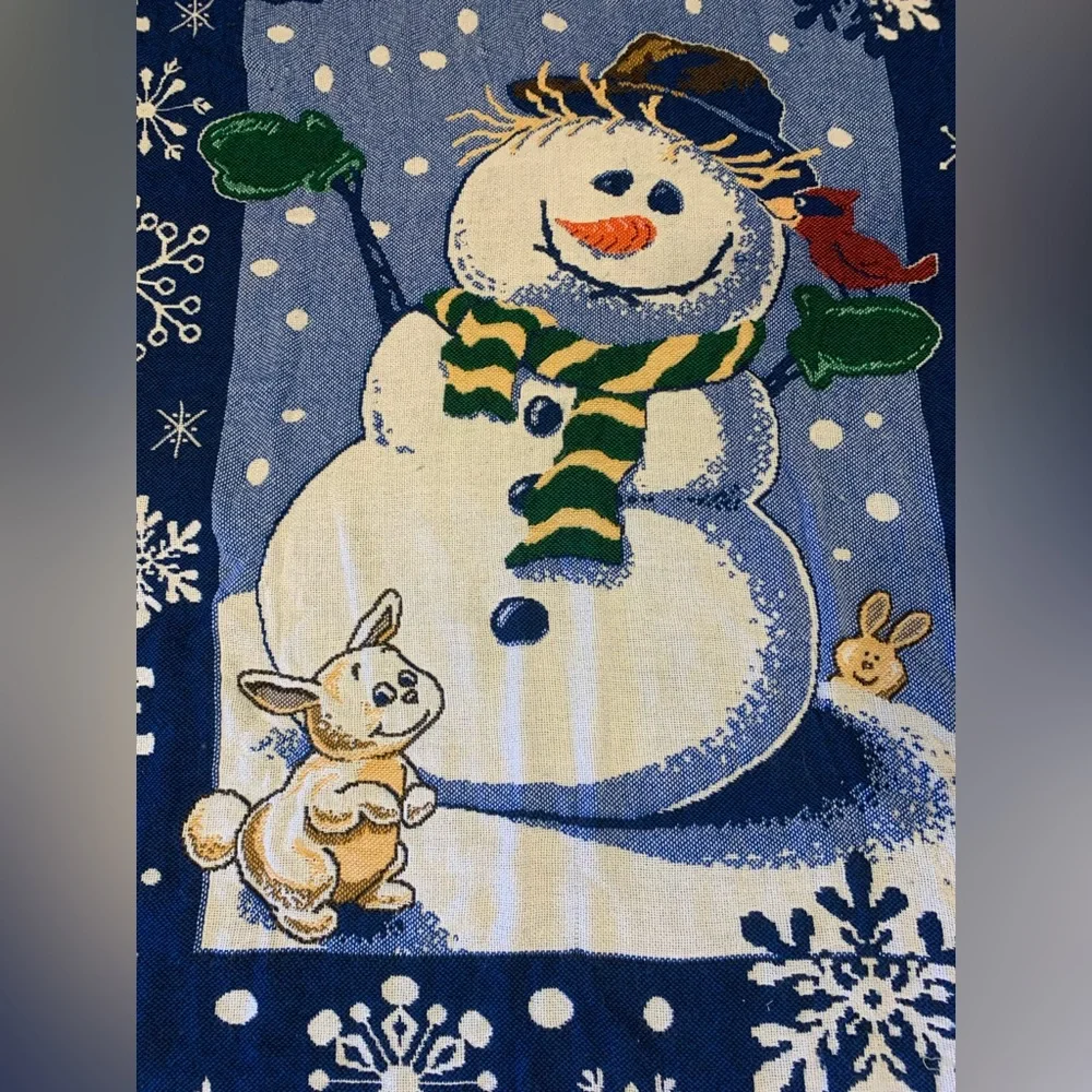 Hallmark‎ Snowman W/Bunny and Red Cardinal Throw Blanket/ Tapestry 56x46 Fringed